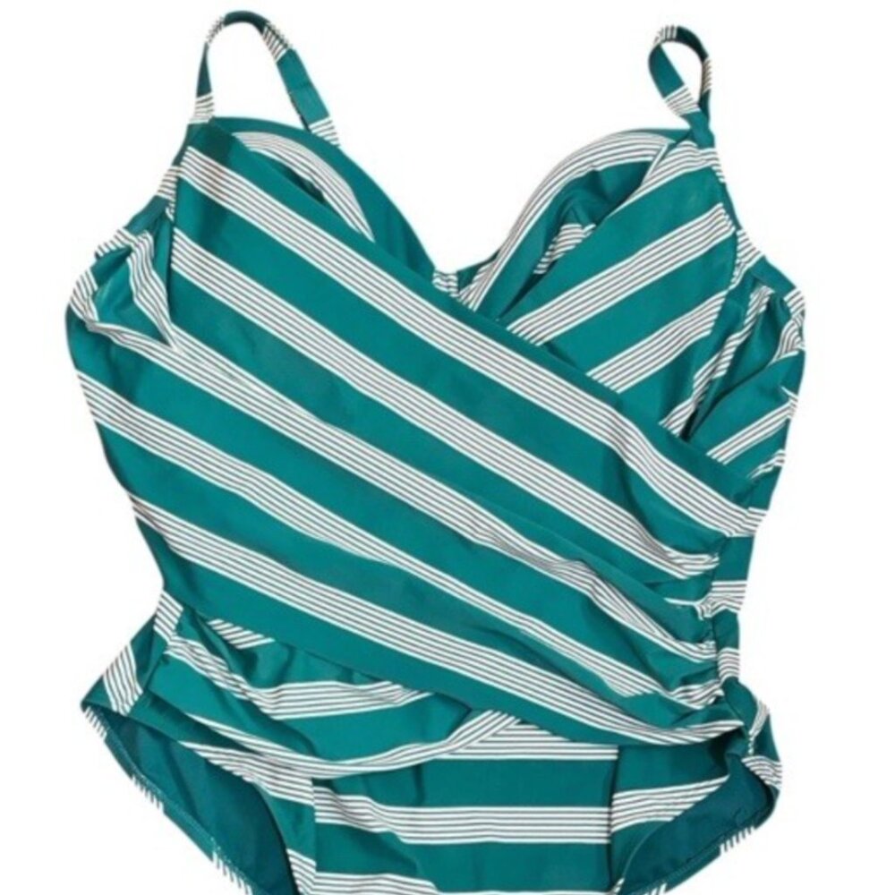 Terra & Sky One Piece Swimsuit 5X 32W to 34W Stripe Tummy Control White Turquois